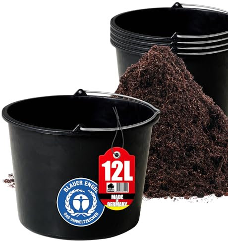 BigDean 5X Baueimer 12l - Mörteleimer mit Henkel - Eimer für Baustelle & Garten - Stabiler Wasserkübel, Betoneimer mit Skala, Blauer Engel, Made in Germany