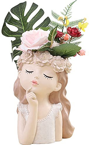 AJEYPMZ Hauptdekoration Persönlichkeit Mädchen Gesicht großen Harz Blumentopf, Wohnzimmer Desktop Landschaft Vase Dekoration, Boden undicht Loch mit Gummistopfen,Pink1,27cm