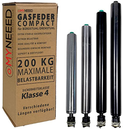 MYNEEED Gasdruckfeder Bürostuhl Ersatzteile Compact - Ersatz Gasfeder bis 200 kg für Drehstuhl Chefsessel - Stufenlos Höhenverstellbar - TÜV & GS Geprüft, Gasfeder Länge:250 mm