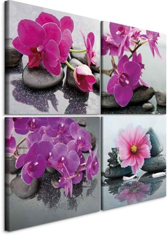 B&D XXL - Leinwandbild Set Natur Feng Shui Zen, 40x40 cm, 4-teilig, modern | Hochwertige Leinwand, sofort aufhängbar, ideal fürs Wohn- oder Schlafzimmer, wasserfest und lichtecht, langlebig, stilvoll