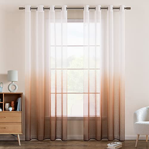 EMEMA Voile Tende Trasparenti con Occhielli 2P Marrone 260Ax140Lcm | Voile Tende Trasparenti con Occhielli Sfumato per Soggiorno Verticale Tenda per Finestra per Soggiorno e Camera da Letto