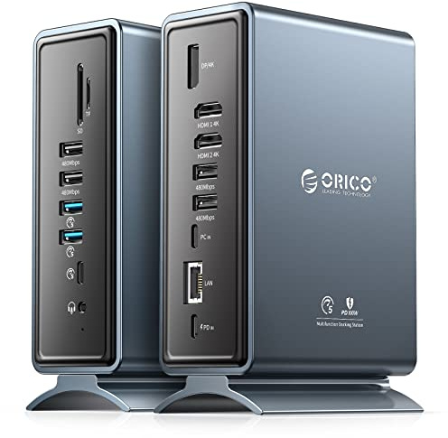 ORICO Docking Station 15 in 1 Laptop Dock Dual 4K Display USB Docking Station con 2 HDMI, 4K DP, 6 USB-A, 100W PD, RJ45, 3.5mm Audio, Lettore di schede SD/TF, È necessario scaricare il driver Grigio