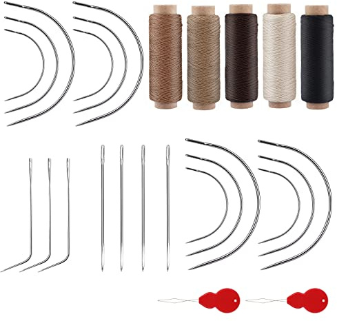 27pzs Juego Agujas Coser, Agujas Curvas Hilo 5 Colores Coser con Enhebrador, Agujas de Costura a Mano Agujas de Coser para Hacer Pelucas Costura Trama de Pelo Extensión de Trenza