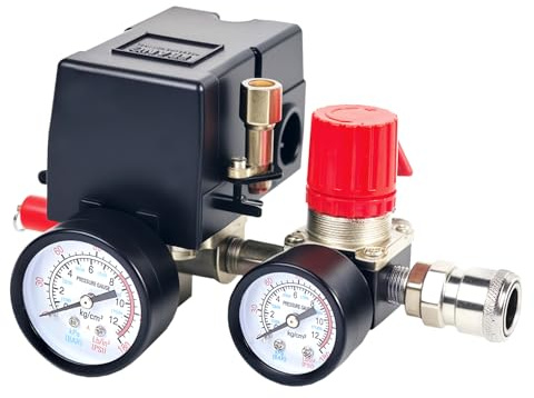 FBANG Luftkompressor Druckschalter Steuerventil, 90-120psi Druckregler Mit Manometern Armaturen Set | 90-120PSI Druckregler mit Manometer-Armaturen-Set