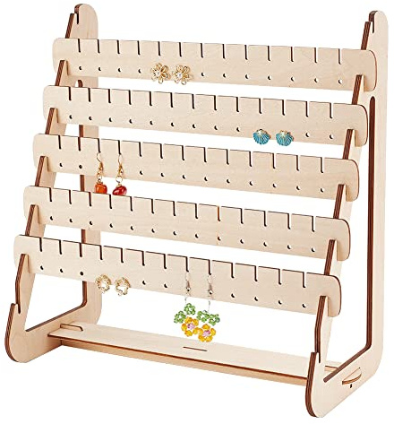 PandaHall Ohrring-Organizer, 5-Stöckiger Ständer Für Ohrringe Aus Holz, 65 Löcher Schmuck Turm Ohrring Organizer Halter Ohrstecker Halter Für Ohrstecker Armband Halskette Ring, Blanchierte Mandelfarbe