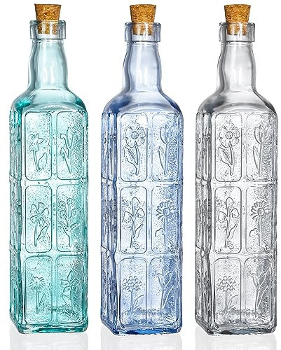 Noamus Classic Vases with Corks, Colourful Embossed Glass Bottles, Decorative Coloured Garden Glass Vases, Large Wine Bottles for Centrepieces or Trees, Set of 3