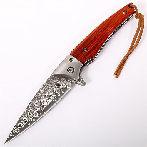 Klappmesser einhandmesser Holzgriff Klappmesser Damaszener-Muster Tragbares Klappmesser Tasche Obst Messer Outdoor Survival Messer für Camping