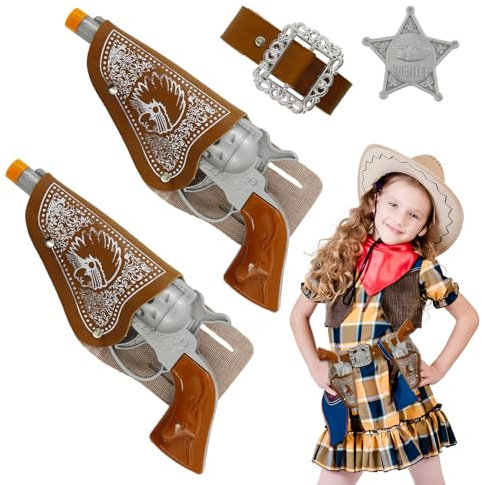 Cowboypistole 6 Stück, mit Halfter und Gürtel, Fünfzackiges Sternabzeichen, Toy Guns, Cowboykostüm Zubehör Kinder, Cowboyutensilien für Carnival Halloween Motto-Party Cosplay