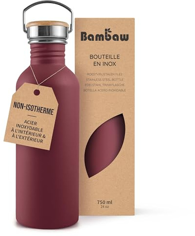 Bambaw Edelstahl Trinkflasche 750ml, Nicht-islierte Trinkflasche Rot, Wasserflasche Spülmaschinenfest, Nachhaltige Trinkflasche Auslaufsicher – Kirschrot