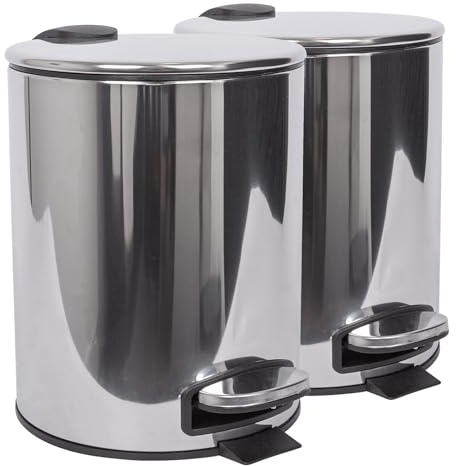 Harbour Housewares 5L Bathroom Bins - Chrome - Pack of 2 - Round Stainless Steel Pedal Bin Slim Kitchen Rubbish Trash Can Garbage Dustbin with Lid and Inner Liner Bucket