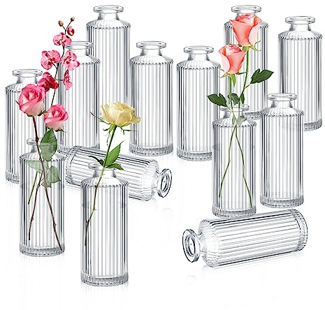 Lvefyti 12 jarrones de cristal con forma de brote, jarrones transparentes, pequeños jarrones altos decorativos para centros de mesa, farmacia, jarrón para casa, boda, novia, ducha, decoración