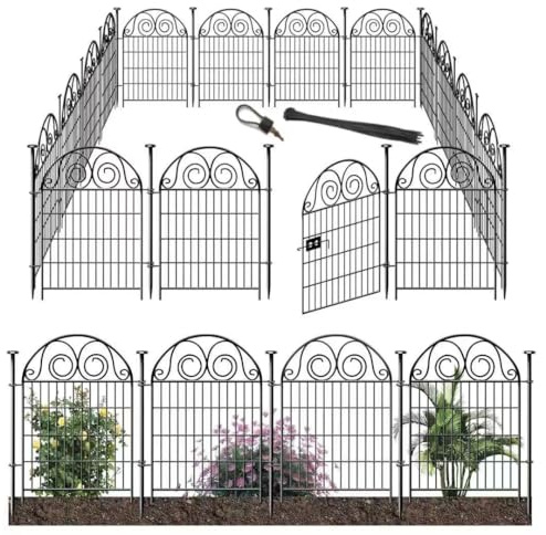 Getlay Tall Garden Animal Barrier Fence with Gate, 36 in(H)×30.6 Ft(L) 14 Panels Dog Digging Fence Barrier, Black Heavy Duty Metal Temporary Fences, Reusable Defense Fencing for Outdoor Yard│Patented