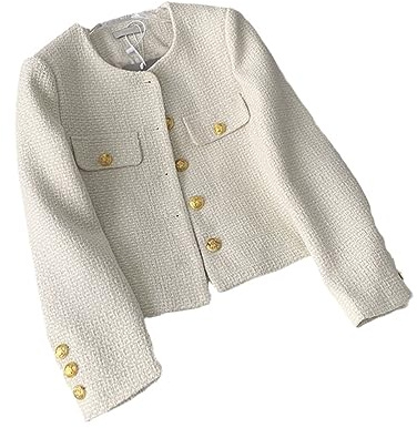 Veste blanche femme en tweed bleue, veste de printemps noire courte en métal à simple boutonnage, blanc, M