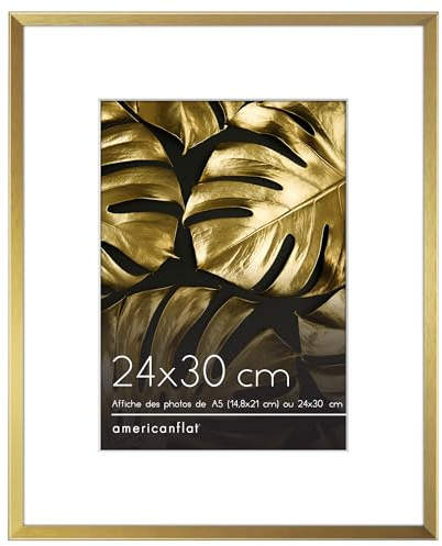 Americanflat Aluminium Bilderrahmen 24x30 cm - nutzbar als A5 Rahmen mit Passepartout oder 24x30 cm Bilder Rahmen ohne Passepartout - mit Ständer und Montagevorrichtung für die Wand - Gold