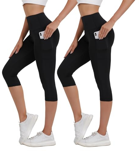 Merlvida Capri Leggings Damen High Waist 3/4 Sport Leggins mit Taschen Blickdicht Kurze Sporthose Elastische Sportleggins Schwarz 7/8 Hose Sommer für Yoga Gym Fitness
