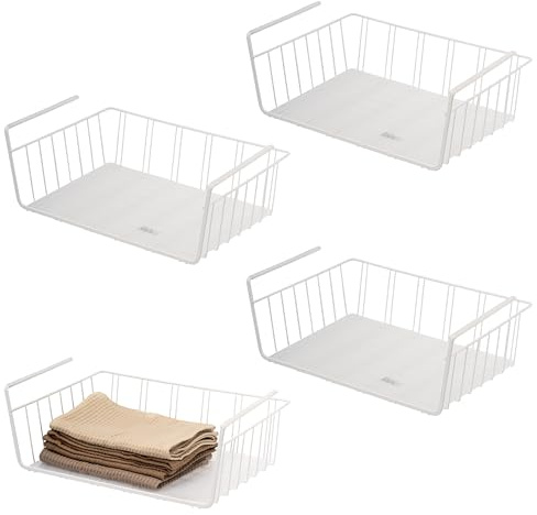 eluno Schrankkörbe 4er Set inklusive Einlegeböden und Kratzschutz, Aufbewahrungskorb Organizer für Küche, Speisekammer, Büro, Bücherregal, Schrank, Schränke, Badezimmer, Unterregal, 41 cm (Weiß)