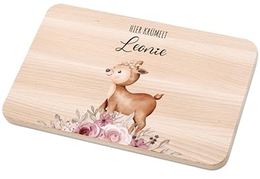Bärenfreunde - Individuelles Holzbrett mit hochwertigem Spezial-Druck für Kinder - Personalisiertes Frühstücksbrettchen - Niedliche Motiv-Brettchen mit Namen (Reh Blumen)