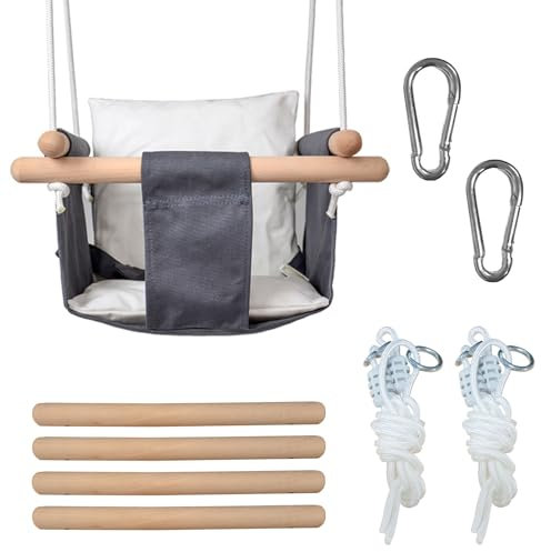 BOUFEIDA Altalena per Bambini, Seggiolino Altalena per Bambini in Legno con Cuscino, Corde Regolabili Altalena Neonato, per Interni Casa Esterni Giardino, Grigio