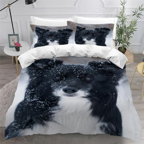 ARiXIaNg Border Collie Bettwäsche 200x200 3D Druck Artikel Flauschig Leicht Mikrofaser Bettwäsche-Set mit Reißverschluss Hund Tier Bettbezug mit 2 Kissenbezüge 80x80