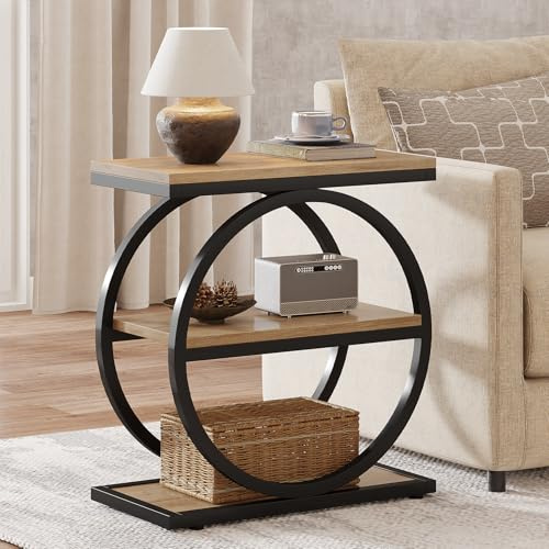 Tribesigns Table d'appoint à 3 niveaux, style industriel avec cadre rond en métal pour salon, table de chevet en bois pour chambre à coucher, chêne