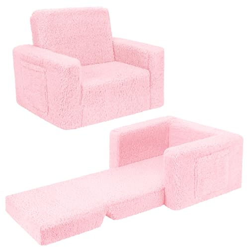 SLIGUY Toddler Couch Convertible Sofa to Lounger Pull Out Couch Sherpa Cover Dark Pink