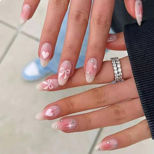 GlamRays Lot de 24 faux ongles roses en forme de cœur, à coller, longs, effet miroir, avec strass acryliques, réutilisables, pour femmes