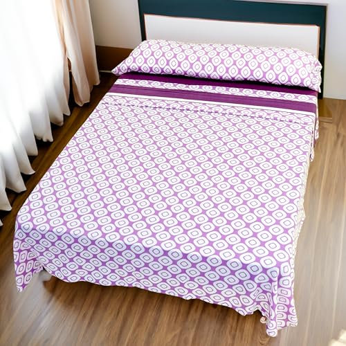 Etrexonline Juego de Sábanas Térmicas Pirineo 3 Piezas para Cama de 135 – Sábanas de Invierno Tejido Polar, Incluye Sábana Bajera Ajustable, Encimera y Funda de Almohada - Cuadro Lila