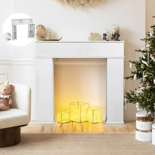 Manteau de cheminée avec Rangement, 107x18x100 cm Entourage de cheminée décoratif, Console Manteau de cheminée décorative, Bois, Blanc