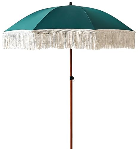 Petit parasol de plage de 1,8 m avec frange, imperméable, protection UV, parasol d'extérieur pour piscine, balcon, poteau en aluminium grain de bois de 32 mm, parasol de jardin vert