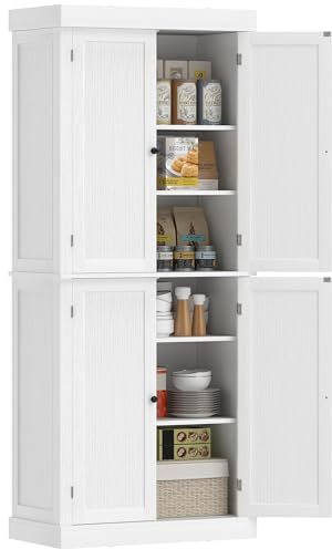 HOMCOM Credenza Cucina Alta 184cm, Mobile Dispensa con 4 Ante Chiusura Magnetica, Ripiani Regolabili, Mobile Cucina a 6 Livelli, per Sala da Pranzo Soggiorno, Bianco