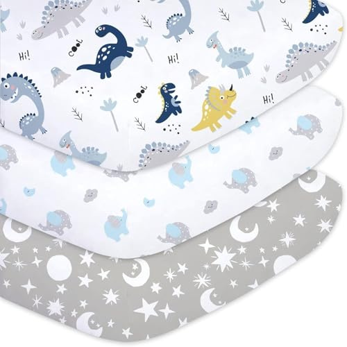 Little Grape Land Lot de 3 draps-housses, 60 x 120 cm, en microfibre de polyester, pour lit d'enfant et lit de bébé, certifiés Oeko-TEX, dinosaures