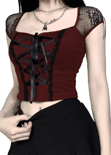 YINGWIN Blusa corta gótica de malla floral para mujer, cuello cuadrado, blusa Y2K de encaje, casual, ajustada, Manga corta, color rojo, S
