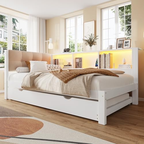 Soweiz Daybett, cama de día, cama individual (sin colchón), sofá cama con cama desplegable, con barra LED regulable, con estante práctico, con puerto USB, 90x200cm, madera de pino, blanco