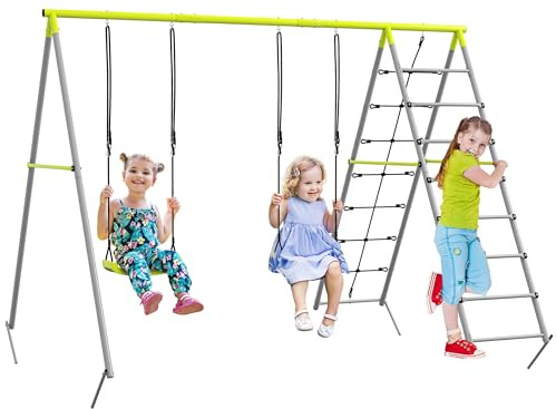 Outsunny Schaukelgestell bis 180 kg Outdoor 3-in-1 3-8 Jahre 260x185x180 cm | Kinderschaukel, 2 Schaukeln, Kletternetz, Sprossenleiter, Metallgestell, Gartenschaukel Schaukelgerüst