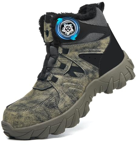 COOU Winter Safety Boots Mens Womens Warm Fur Lined Work Boots Non Slip Lightweight Steel Toe Cap Boots Comfortable with Swivel Buckle Shoelaces Green