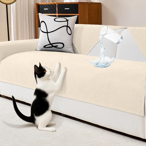 DeepDream Wasserdicht Sofa Überzug Chenille Sofabezug, Kratzfest Hund Katze Sofaschoner, Rutschfester Sofa Cover Couch Überzug 2 3 4 Sitzer für U Form L Form Sektionssofa (Beige, 90 * 160cm)