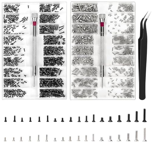 Micro Tornillos, AUNHOKE 1000 Piezas Kit de Reparación Micro Tornillos Gafas, M1.2 M1.4 M2 Kit de Surtido de Tornillo Pequeños con Destornillador y Pinzas, para Reparar Gafas, Relojes (M＋O)