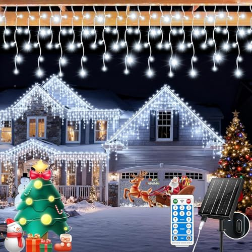 GCMacau Solar Christmas Icicle Lights Outdoor 20+5M/82ft 660 LED Fairy String Lights with 8 Lighting Modes and Dimmable Feature for Yard, Patio, Gazebo and Wedding Decor White