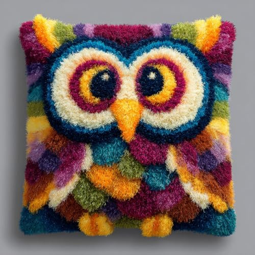 Henypt Knüpfpackungen für Anfänger Eule Knüpfen Kissen Set,DIY Knüpfhaken-Set Knüpfkissen Zum Selber Knüpfen,Stickerei Knüpf-Sets 43x43cm