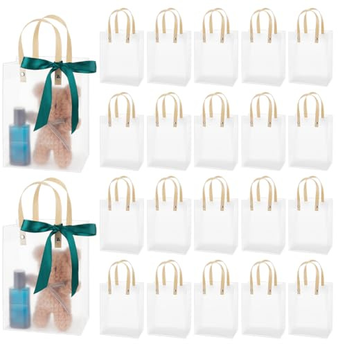 BENECREAT 24 Sacchetti Regalo In Plastica Trasparente con Manici, 15x20x10cm Sacchetti Regalo Smerigliati per Bomboniere per Feste di Compleanno e Matrimonio, Include Nastro Verde