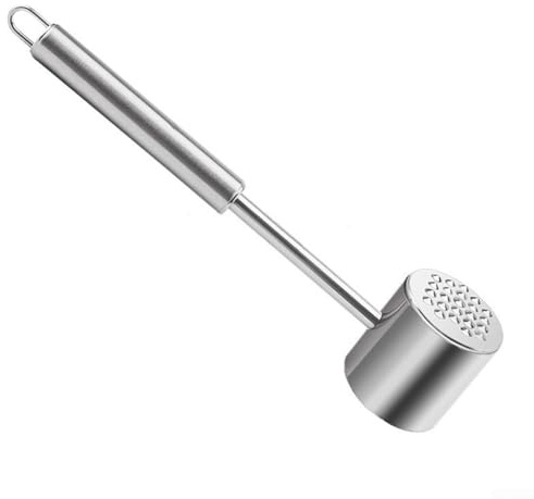 Batticarne in acciaio inox 304 con 24 punte per abbattere le fibre muscolari dure, per varie carni, lavabile in lavastoviglie e dal design ergonomico