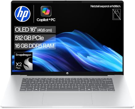 HP OmniBook 5, 16 2K OLED, Snapdragon X2 Plus, 16GB RAM, 512GB SSD | Copilot+ KI-Notebook mit 80 TOPS NPU und starker Akkulaufzeit für produktives Multitasking - kein Netzteil, QWERTZ, Silber