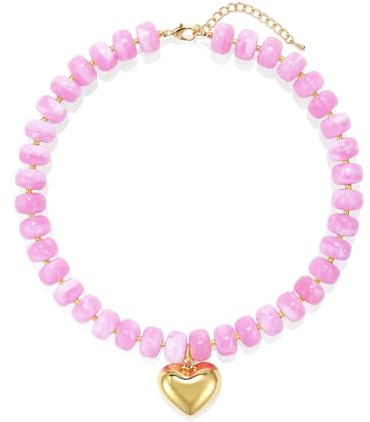 Wassazi Pink Chunky Heart Necklace for Women, Colorful Acrylic Beaded Statement Puff Heart Necklace, Cute Boho Y2K Choker Necklace for Gift Jewelry