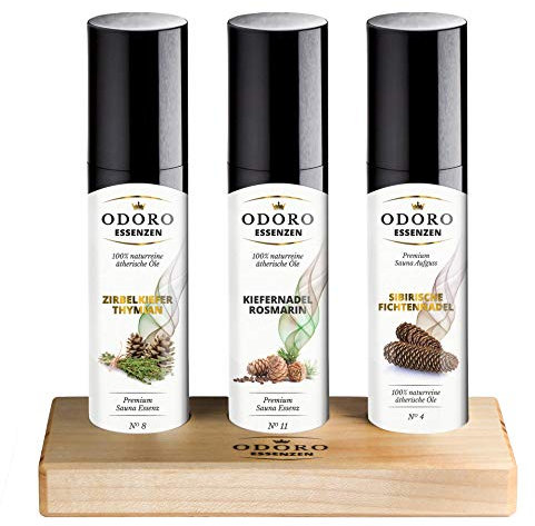 Saunaaufguss Duft Set inkl. Holzständer - 100% ätherische Öle – Fichtennadel, Kiefernadel, Zirbelkiefer – Premium Aufguss Konzentrat Geschenkset – Natürliches Aufgussmittel, naturrein, hohe Qualität