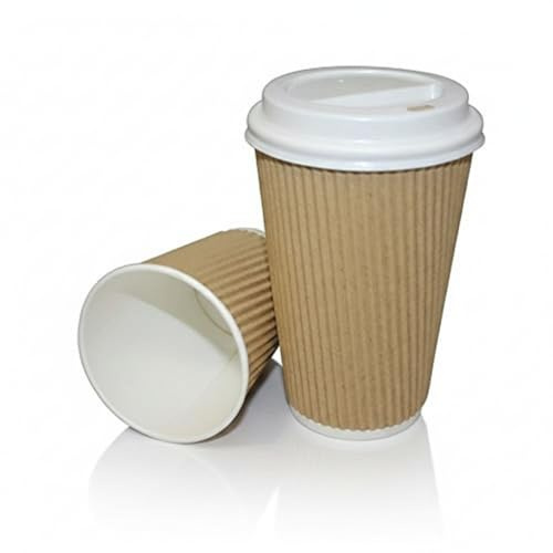 We Can Source It Ltd 500 x 8oz Ripple Brown Kraft Paper Cups - 3-PLY Disposable Insulated Coffee Cups with Secure White SIP Through Lids - Leak-Proof Durable Paper Cup for Tea, Coffee & Hot Beverages