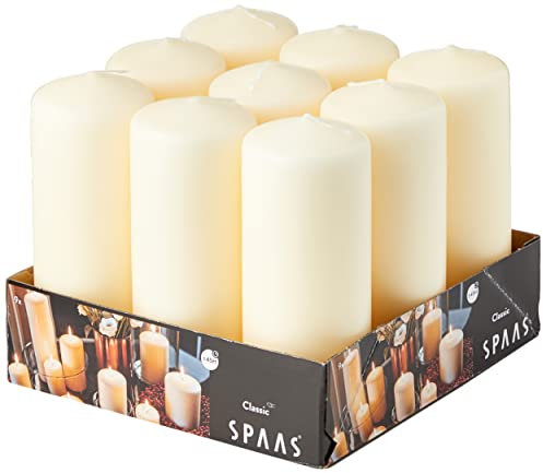 Spaas Tray of 9 Unscented Pillar Candles 60/150 mm, ± 45 Hours, Ivory