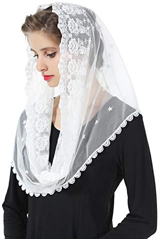 BEAUTELICATE Damen Mantilla Katholisch Schleier Spitze Kapelle Schal Stola Kopfbedeckung Spitze Schwarz Weiß für Katholischen Kirche Latin Mass kirchliche Hochzeit Braut V104