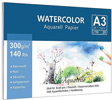 Premium Aquarellpapier (A3, 300 g/m², 10 Einzelne Blätter), Kaltgepresst Glatt Watercolor Paper, Matt Aquarell Papier für Aquarellmalerei Wasserfarben Gouache Acryl & Aquarelltechniken