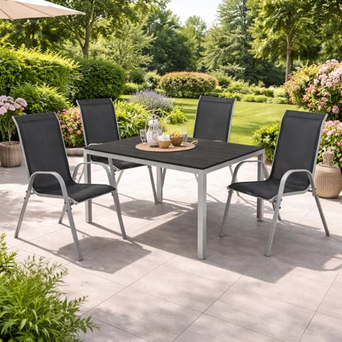 Mojawo 5er Set Alu Silber Gartenmöbel Gartengarnitur Non Wood Schwarz 150x90x74cm + 4 Stapelstühlen Textilen