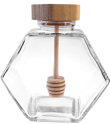 QUUPY 1PC 380ml /12.85Ounce Empty Glass Refillable Honey Pot Jar with Wooden Dipper and Cork Lid Cover Hexagon for Home Kitchen Shape Pot Container